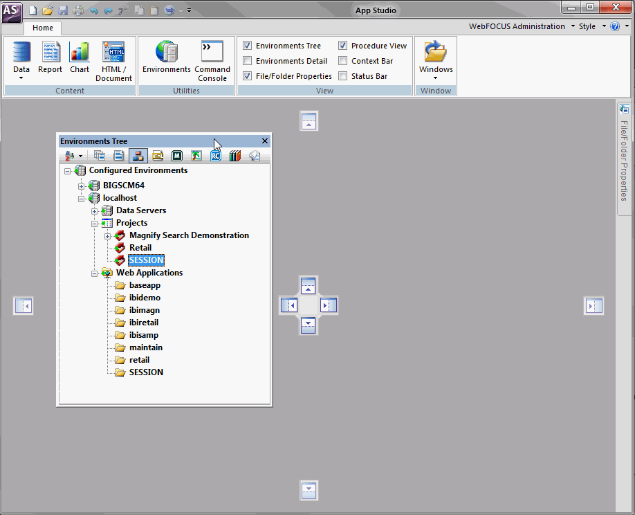 Floating Environments Tree panel with App Studio handles