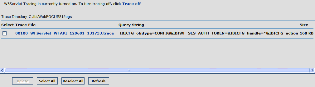 WebFOCUS client traces screen