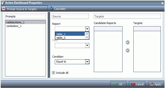Dialogbox Active Dashboard-Eigenschaften mit ausgewähltem Report