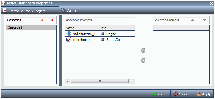 Dialogbox Active Dashboard-Eigenschaften mit Feld Region assoziiert mit Optionsfeld und Feld Staatencode assoziiert mit Checkbox