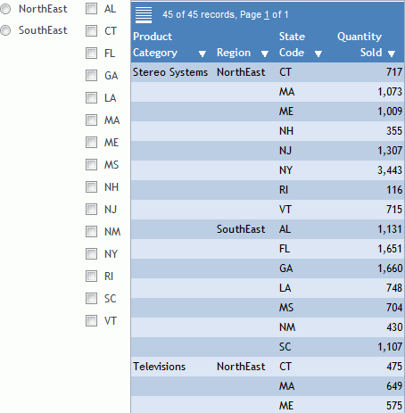 Report mit dem Optionsfeld Region und der Checkbox Staat