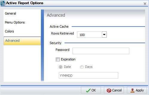 Dialogbox Aktivreportoptionen Tab Box Erweitert