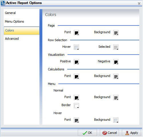 Dialogbox Aktivreportoptionen Tab Boxfarben