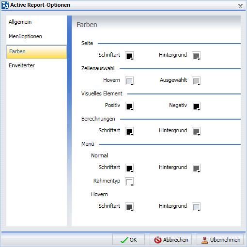 Dialogbox Active Report-Optionen Dialogbox Farben-Tab