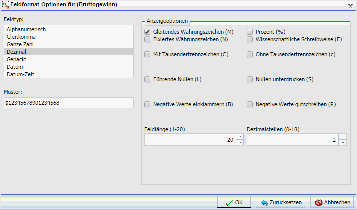 Dialogbox Feldformatoptionen