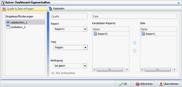 Dialogbox Active Dashboard-Eigenschaften mit aufgefüllter Kandidatenreportsliste und Zielliste