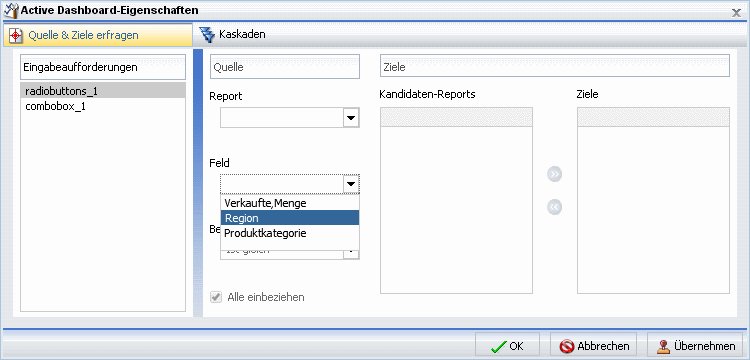 Active Dashboard-Eigenschaften Menü Feld