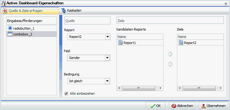 Dialogbox Active Dashboard-Eigenschaften mit ausgewähltem Geschlecht-Feld