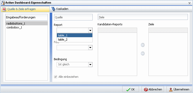 Dialogbox Active Dashboard-Eigenschaften mit ausgewähltem Report