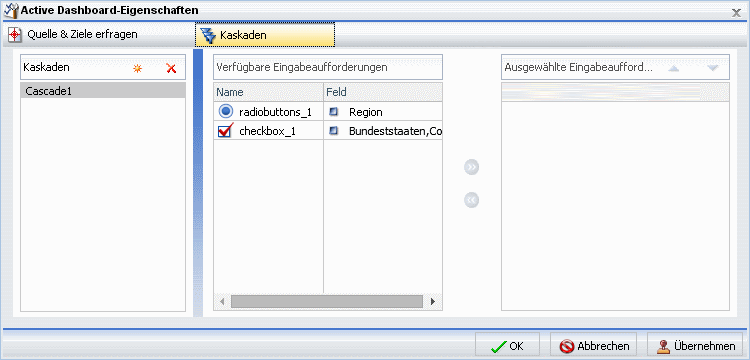 Dialogbox Active Dashboard-Eigenschaften mit Feld Region assoziiert mit Optionsfeld und Feld Bundesstaatencode assoziiert mit Checkbox
