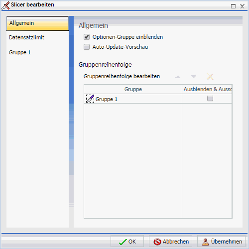 Dialogbox Slicer bearbeiten Tab Allgemein