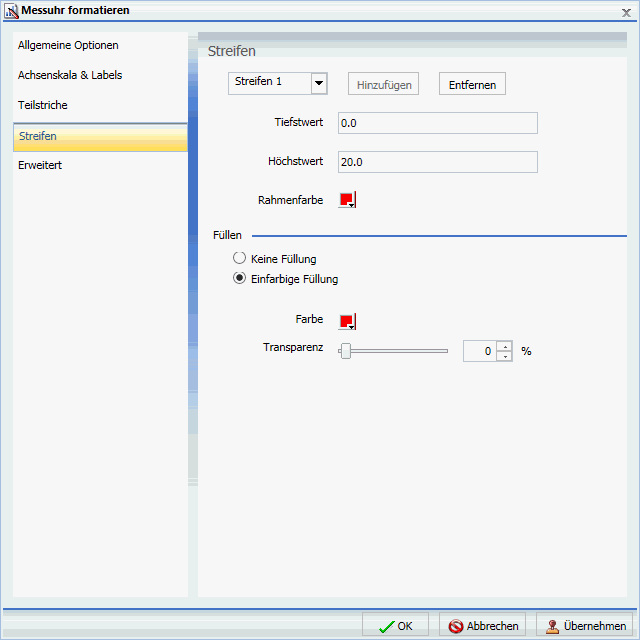 Dialogbox Messuhr formatieren Tab Bänder