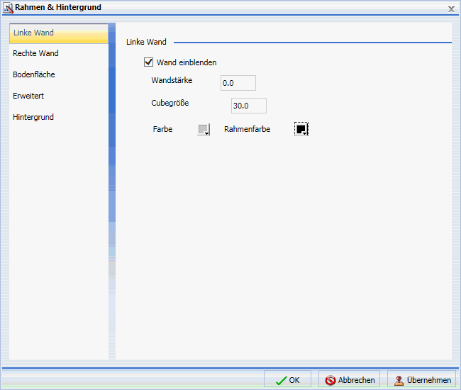 Dialogbox 3D-Diagramm Rahmen und Hintergrund Tab Linke Wand