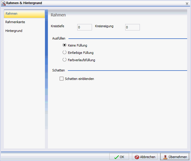 Dialogbox Kreisdiagramm Rahmen und Hintergrund Tab Rahmen