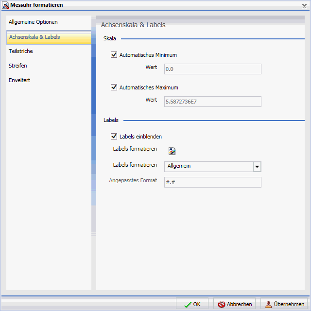 Dialogbox Messuhr formatieren Tab Achsenskala & Labels