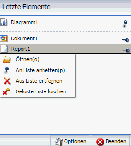 Kontextmenü "Zuletzt verwendete Elemente"