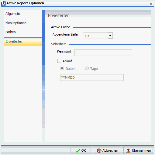 Dialogbox Active Report-Optionen