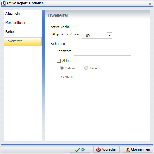 Dialogbox Active Report-Optionen Tab Box Erweitert