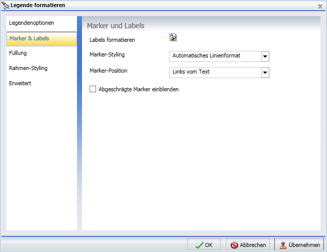 Dialogbox Legende formatieren und Tab Labels