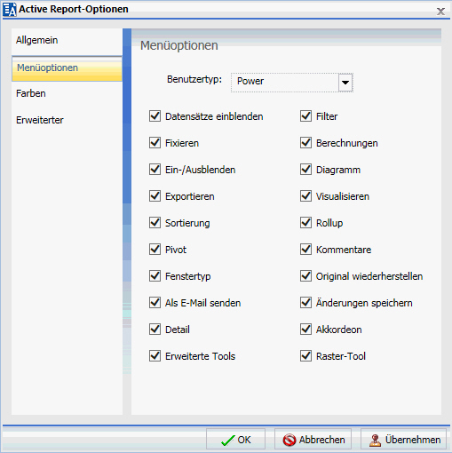 Dialogbox Active Report-Optionen Tab Menüoptionen