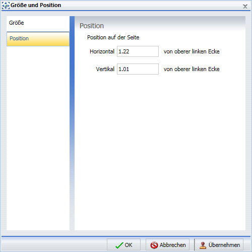 Dialogbox Größe und Position Tab Position