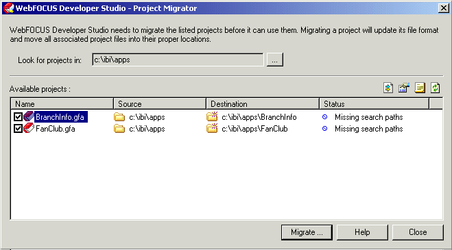 Ventana de Project Migrator