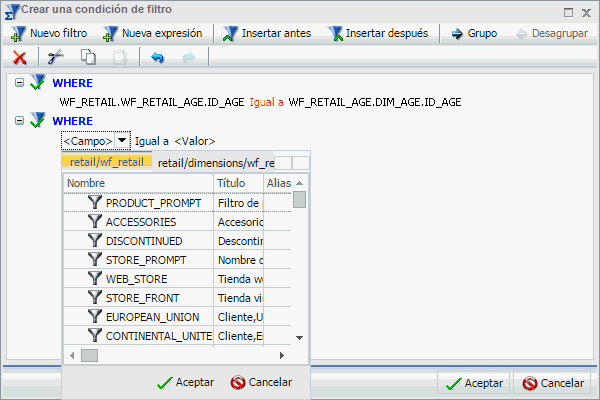 cuadro de diálogo Crear una condición de filtraje