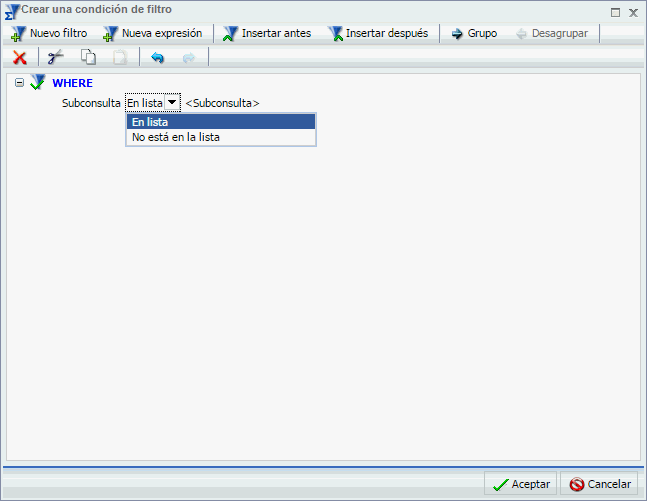 lista desplegable Subconsulta