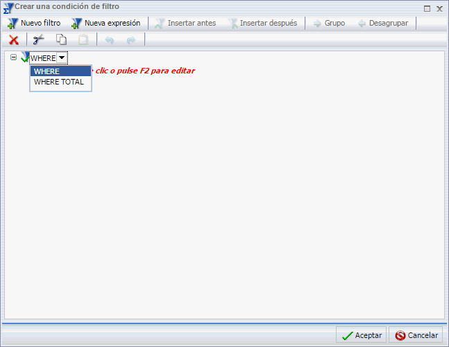 opciones Where y Where Total