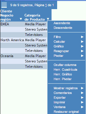 Informe activo con menú activo de opciones