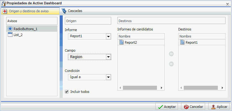 Cuadro de diálogo Propiedades de cuadro de mandos activo con lista de informes candidatos y lista de destinos alimentadas