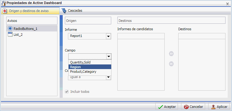 Menú de campos de propiedades de cuadro de mandos activo