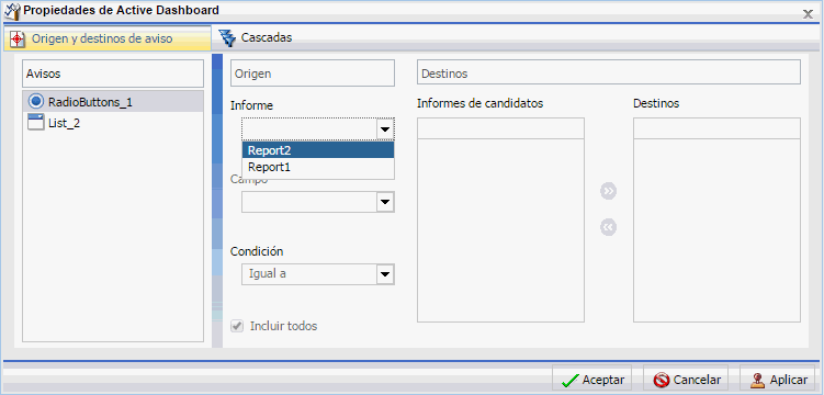 Cuadro de diálogo Propiedades de cuadro de mandos activo con informe seleccionado