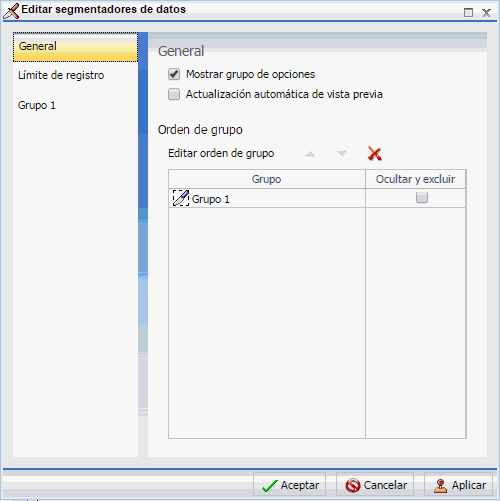 Pestaña General del grupo Editar segmentaciones de datos