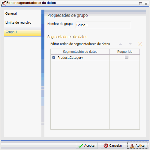 Pestaña Grupo del cuadro de diálogo Editar segmentaciones de datos