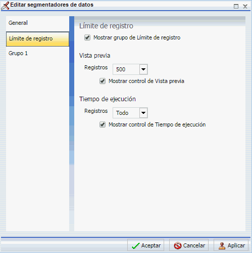 Pestaña Límite de registro del grupo Editar segmentaciones de datos