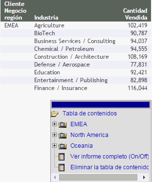 Informe con botón Tabla de contenidos