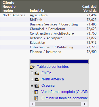 Valores de campos de clasificación de tabla de contenidos en un informe