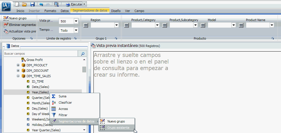 Grupo existente de segmentaciones de datos