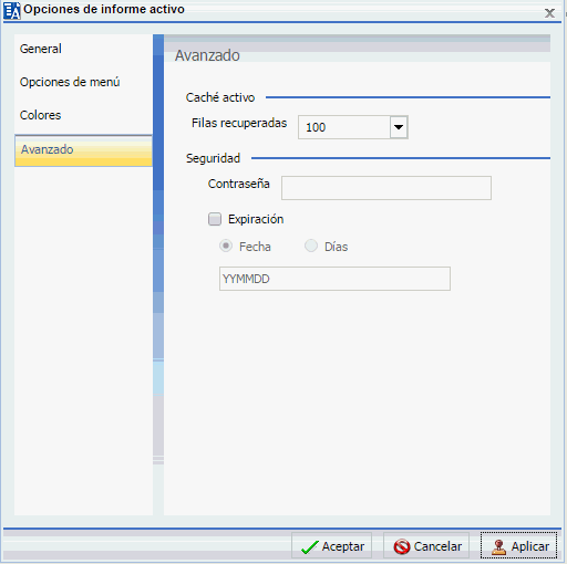 cuadro de diálogo de opciones de informe activo