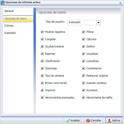 Pestaña Opciones de menú del cuadro de diálogo Opciones de informe activo