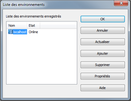 Fenêtre de dialogue Liste d'environnements