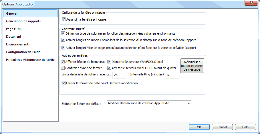 Ecran options App Studio 