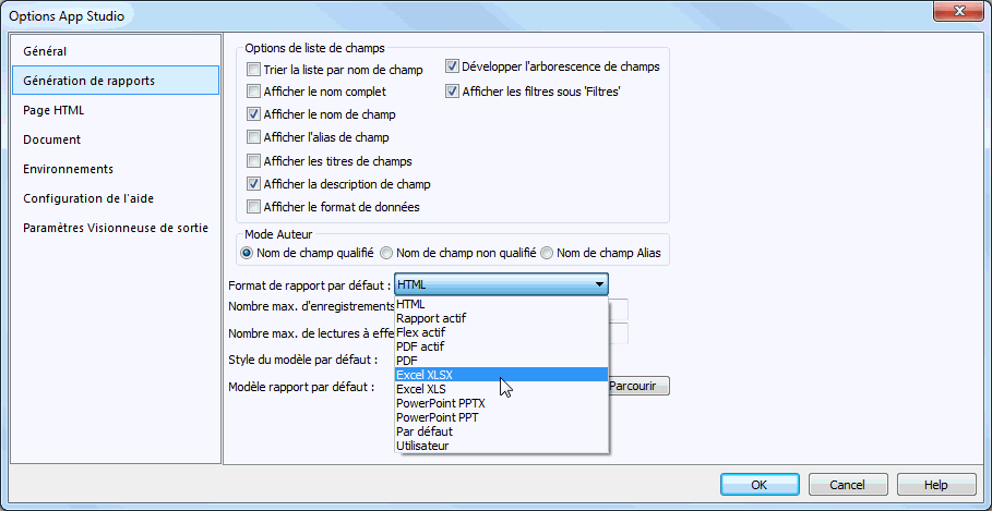 Onglet Reporting de la fenêtre de dialogue Options App Studio