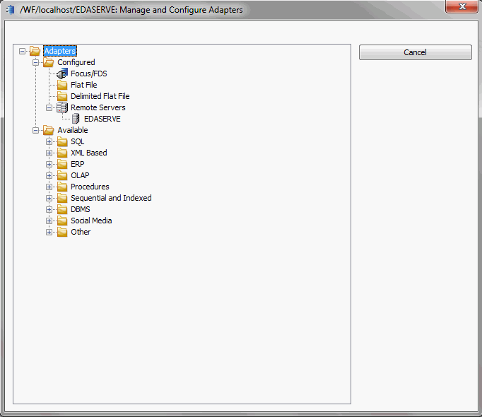 Fenêtre de dialogue Sélectionner adaptateur pour configurer ou Sélectionner une connexion pour créer un synonyme