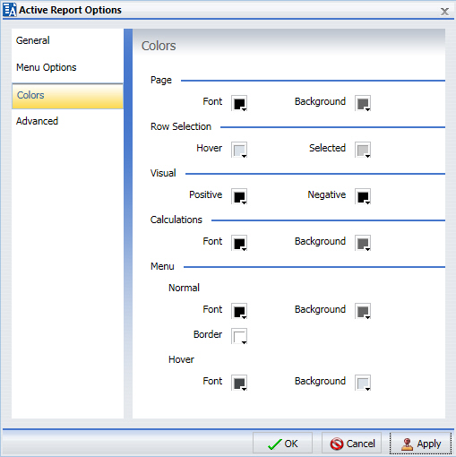 Fenêtre de dialogue Options de rapport actif : Onglet Couleurs 