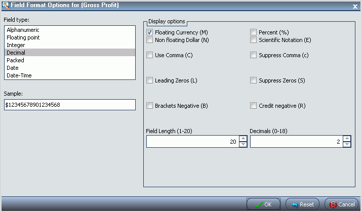 Fenêtre de dialogue options de format Champ