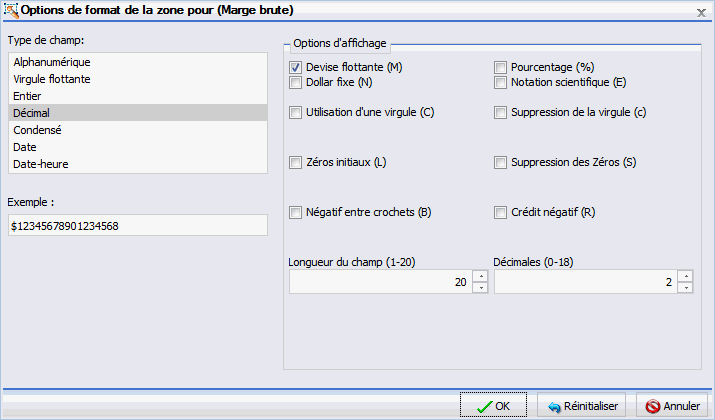 Fenêtre de dialogue options de format Champ