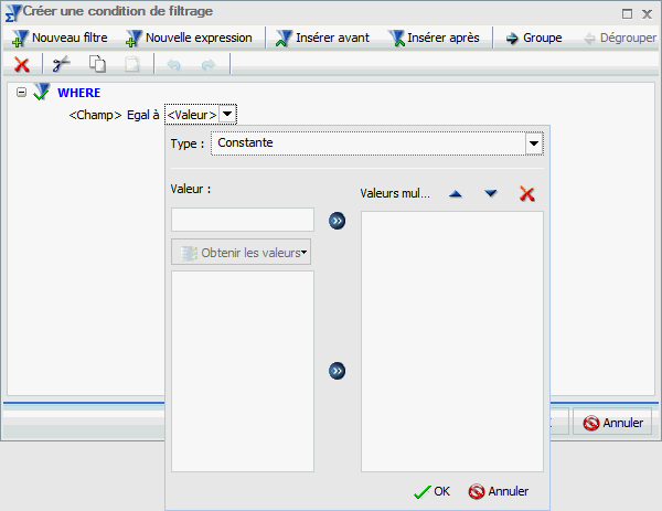 Créer une condition de filtrage avec Menu Valeur