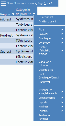 Rapport actif avec Menu d'options actif